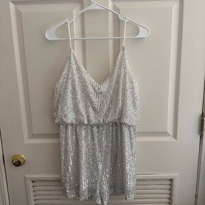 Silver/White Sequin V-Neck Romper